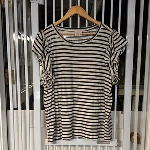 Striped Ruffle Sleeve Tee in Black and White